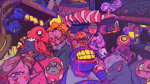 brightly coloured illustration of various monsters and creatures using purple, blue and yellow neon colours