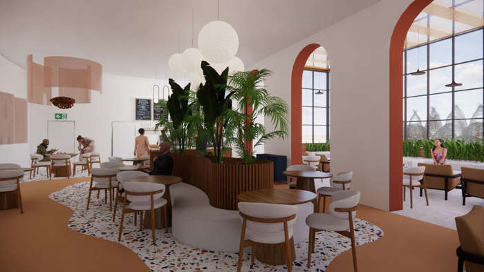 Concept design for a wood panelled social area with white seating