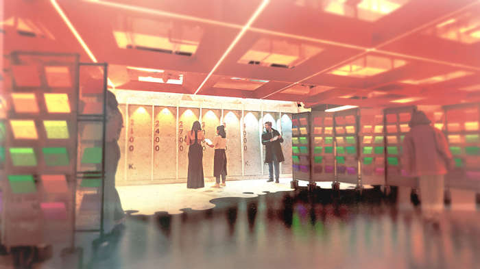 Interior design concept art featuring numbered wall panels and coloured glass panels