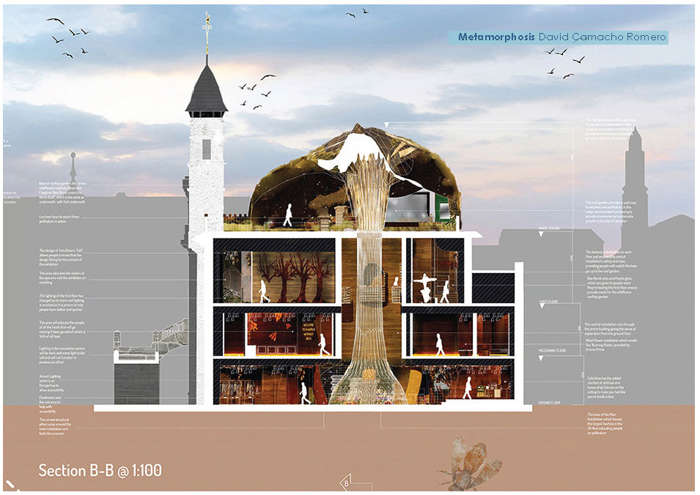 Concept art showing a cross section of a building constructed around a tree