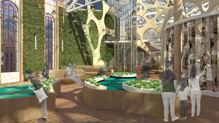 Concept art of an indoor space with wood furniture and plants