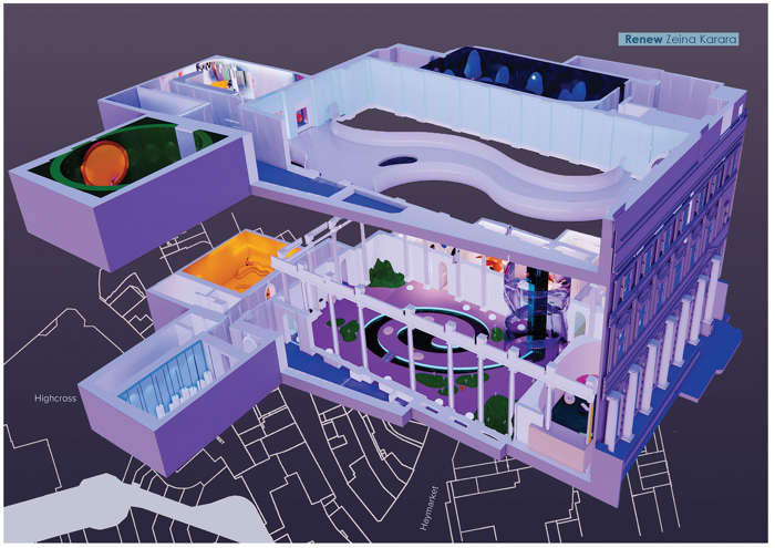 Interior design artwork by Zeina Karara showing 3D modelled building from above